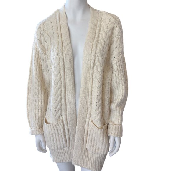 Lucky Brand Cable Knit Cream Open Front Cardigan 2 Pocket Oversized - Picture 1 of 6